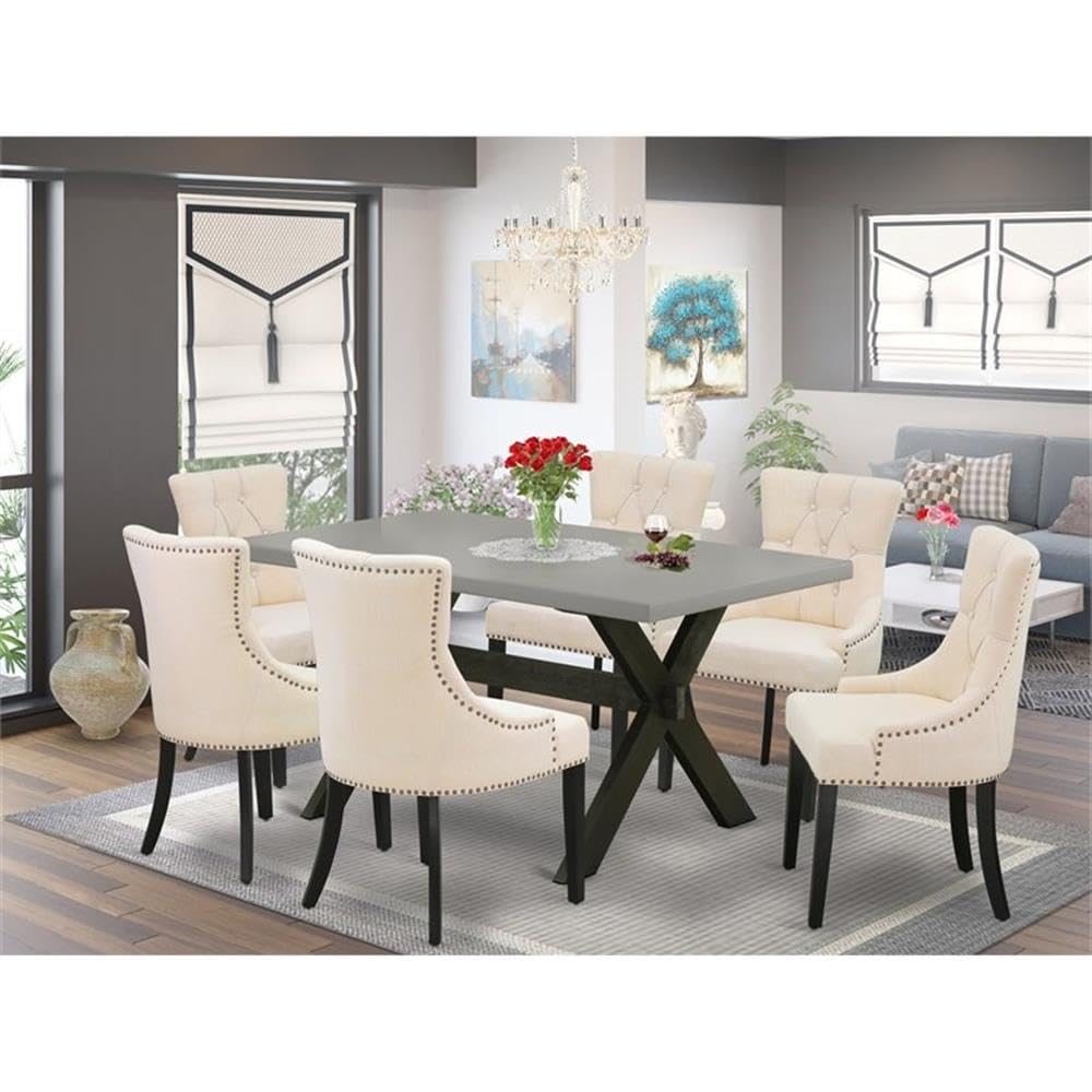 East West Furniture X696Fr102-7 7 Piece Modern Dining Table Set Consist Of A Rectangle Wooden Table With X-Legs And 6 Light Beige Linen Fabric Upholstered Chairs, 36X60 Inch, Multi-Color